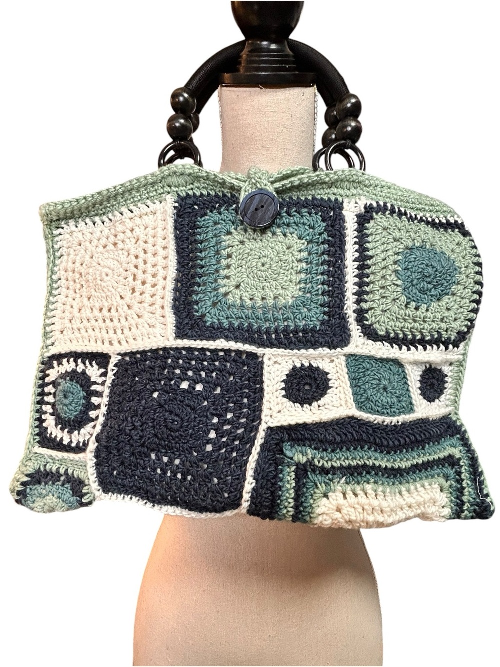Artisan Crochet Patchwork Tote Bag Boho Granny Square Lined Wooden Handle NEW